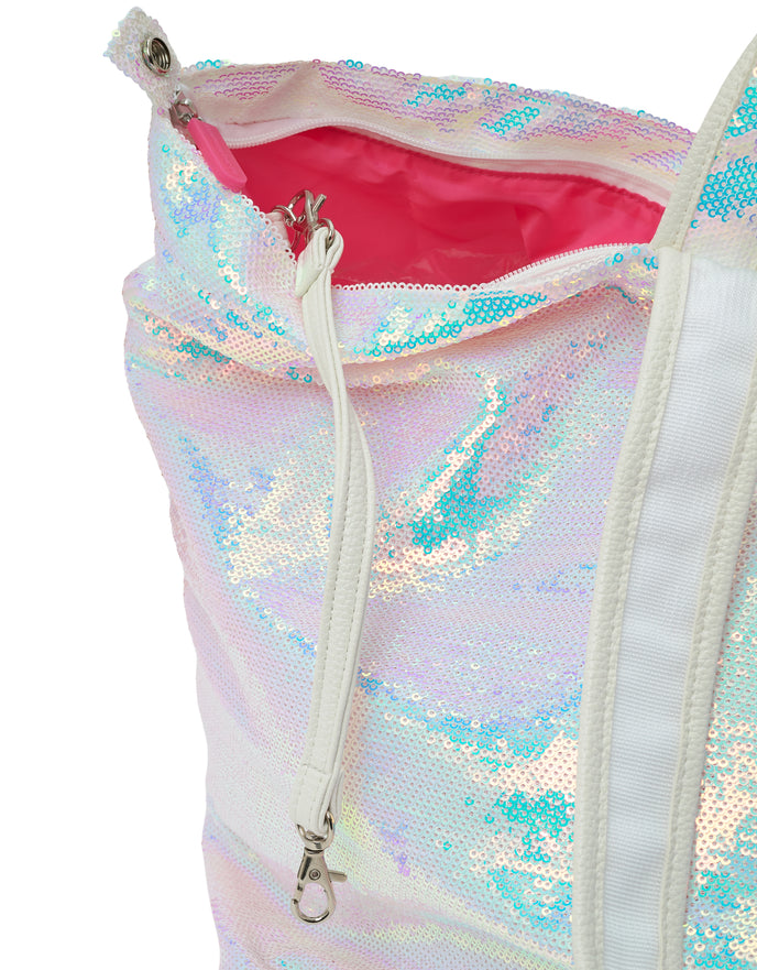Side detail of the ATF Dubai sequin tote bag with interior strap and lobster clasp
