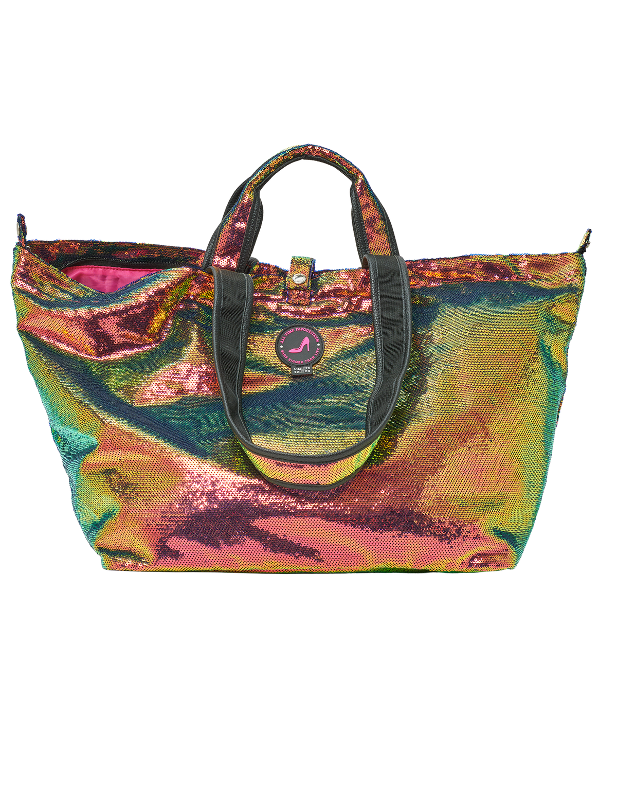 Medium tote bag with multicolour sequins, black handles, zip closure, and small round Ibiza logo.