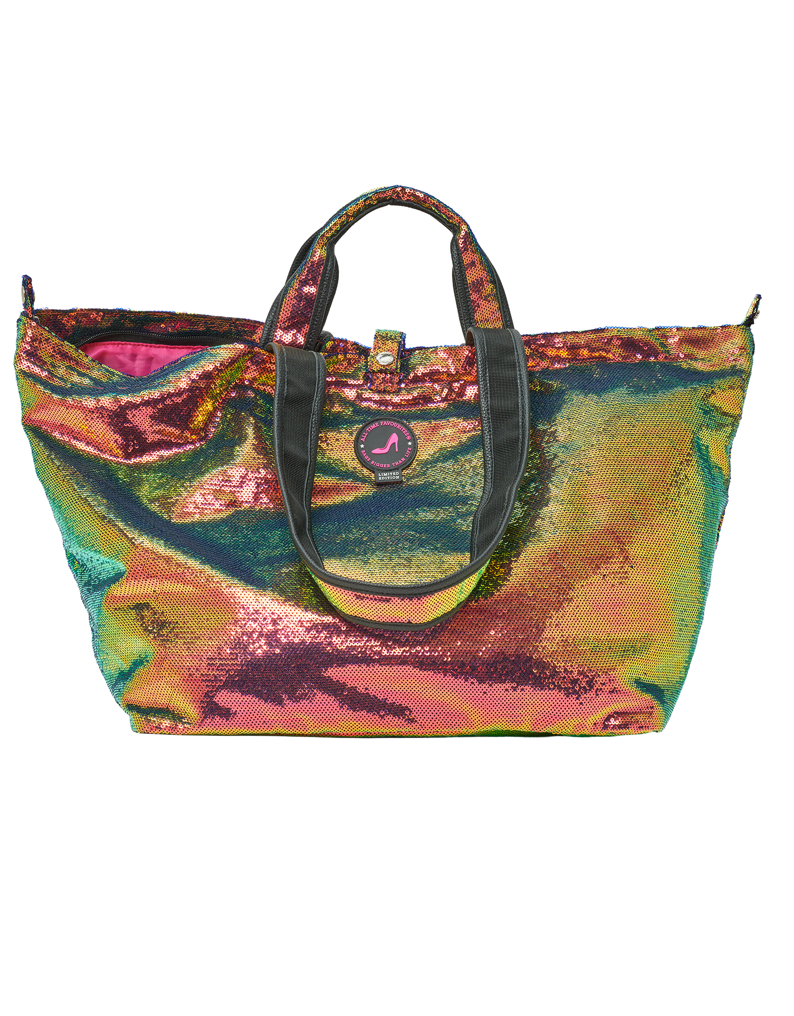 Colorful sequin tote bag with a brand logo on a white background