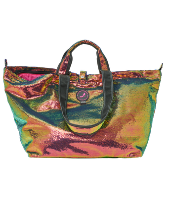 Colorful sequin tote bag with a brand logo on a white background