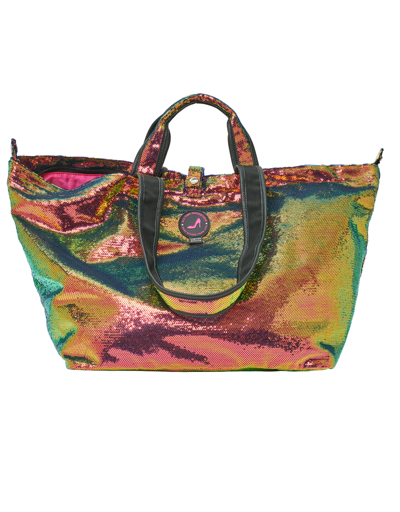 Colorful sequin tote bag with a brand logo on a white background