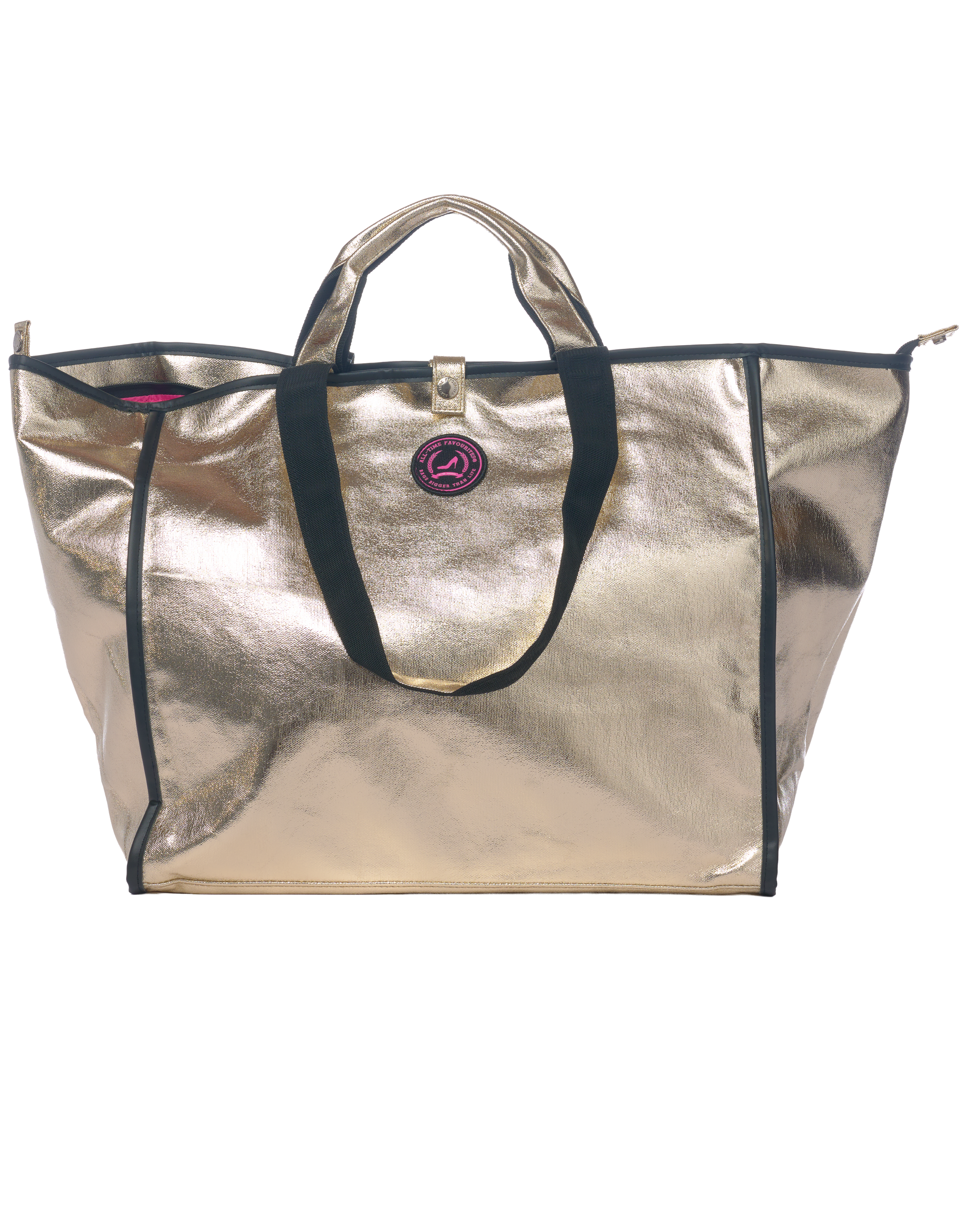 Front view of Jaipur Medium Tote Bag with zipper in champagne gold coated cotton and black handles