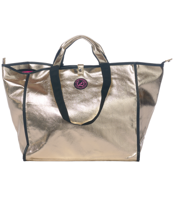 Front view of Jaipur Medium Tote Bag with zipper in champagne gold coated cotton and black handles