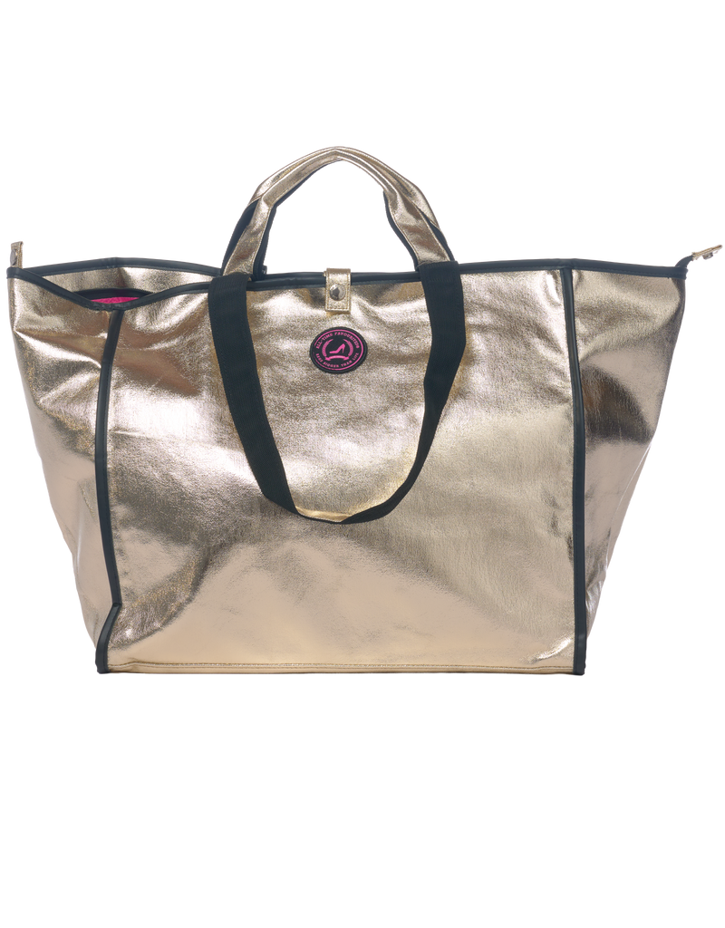 Front view of Jaipur Medium Tote Bag with zipper in champagne gold coated cotton and black handles