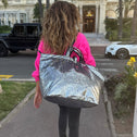Medium tote bag with zipper, sequins grey with rainbow colours