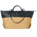 Tote bag in black vegan leather combined with beige straw with short and long handles
