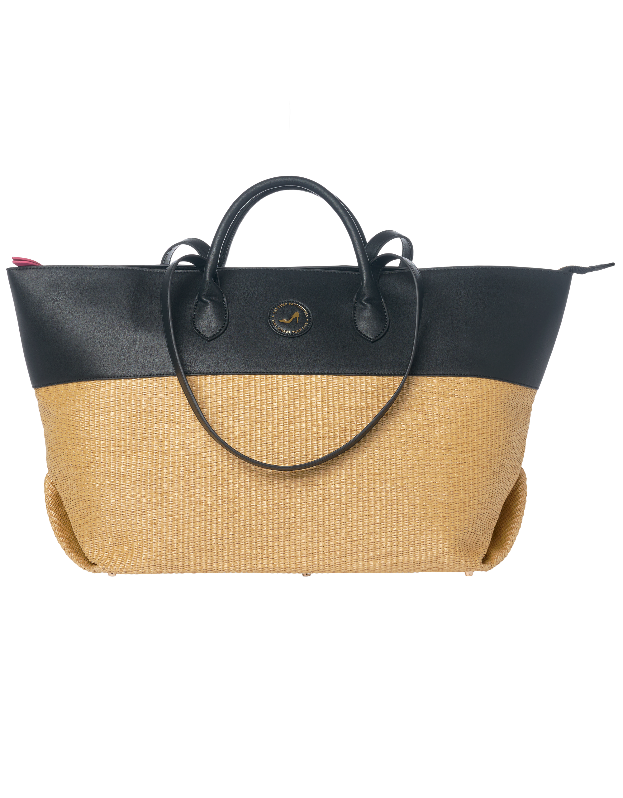 Tote bag in black vegan leather combined with beige straw with short and long handles