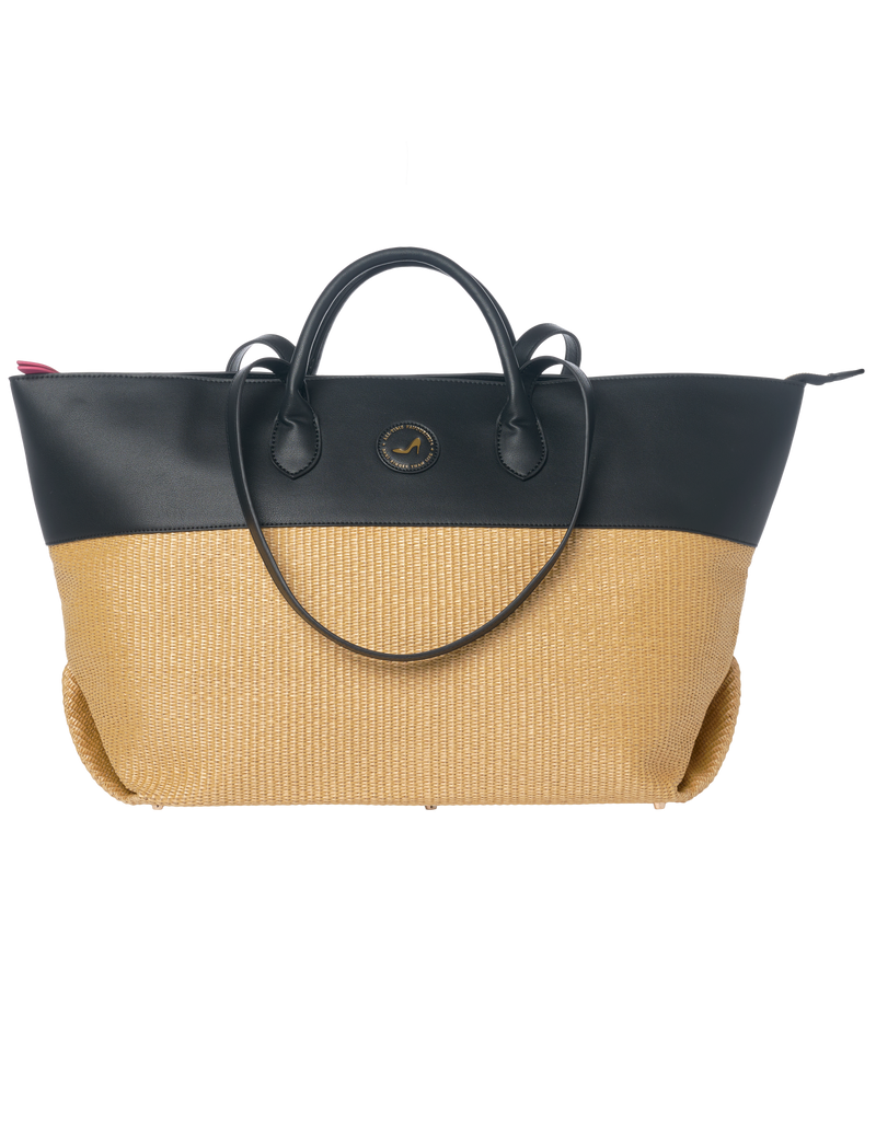 Tote bag in black vegan leather combined with beige straw with short and long handles