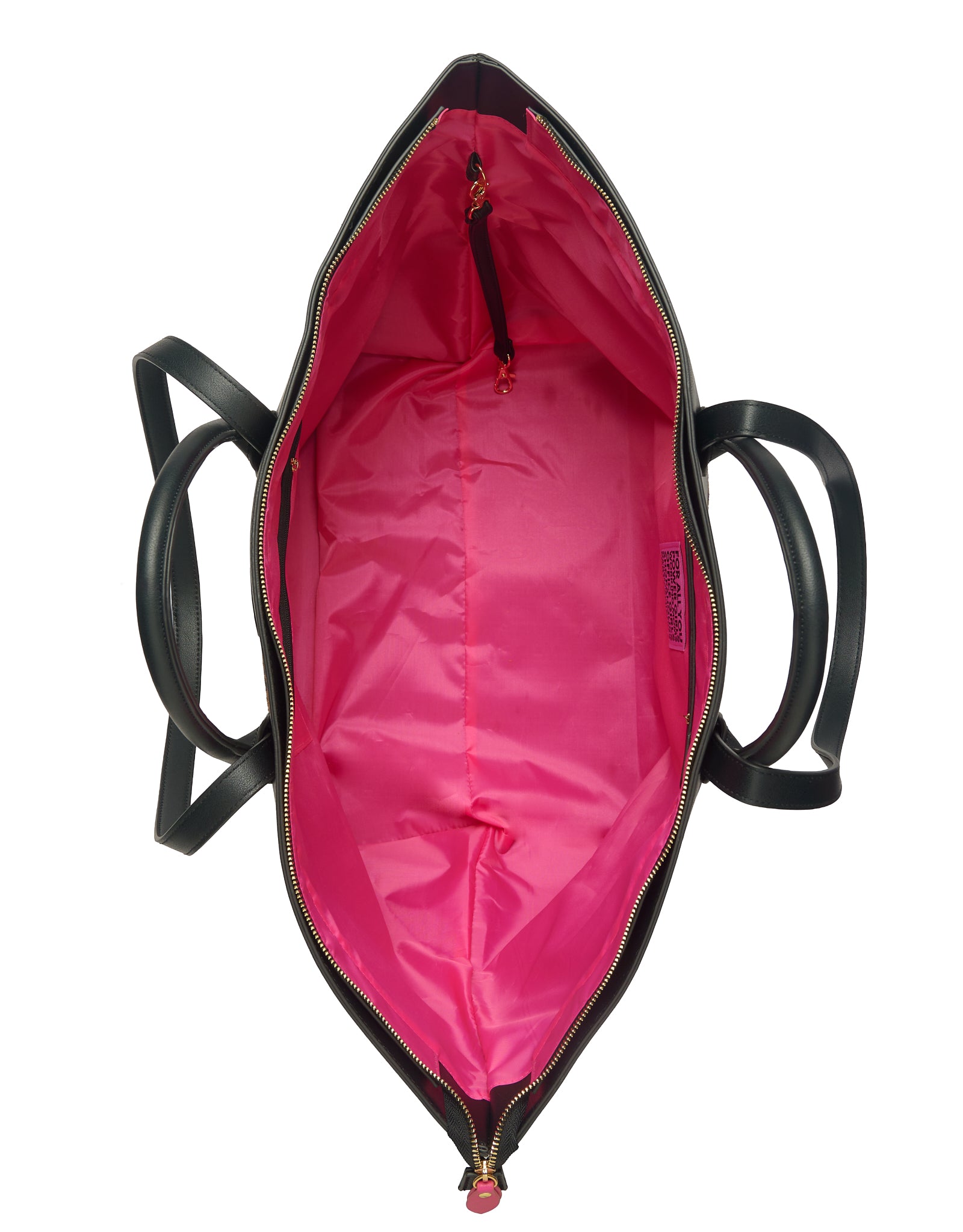 Inside of black tote bag with pink lining, zipper and inside pocket