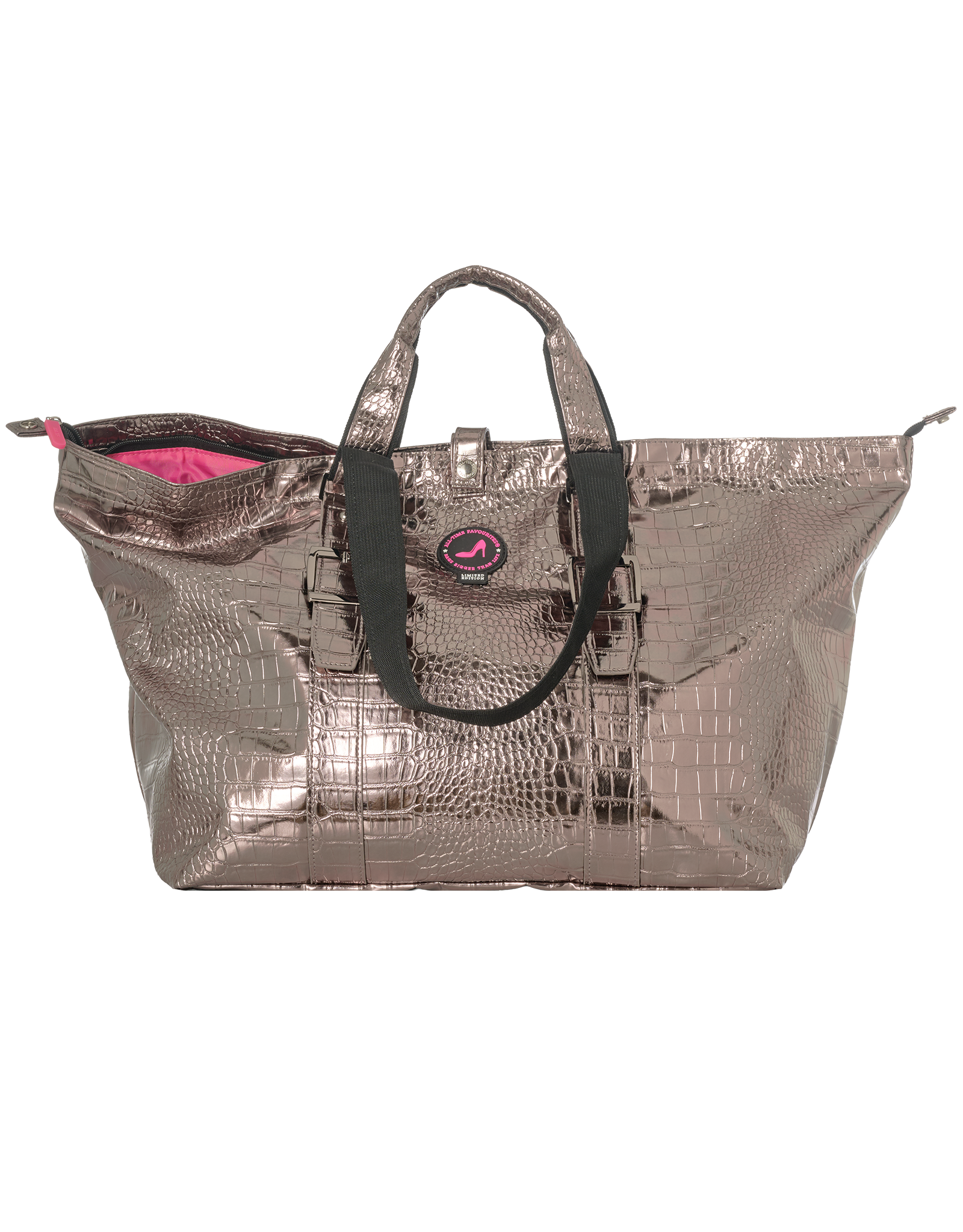 Metallic tote bag with a crocodile texture on a white background