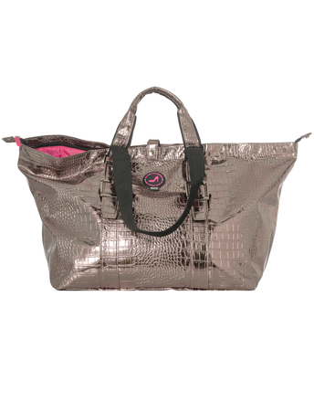 Metallic tote bag with a crocodile texture on a white background