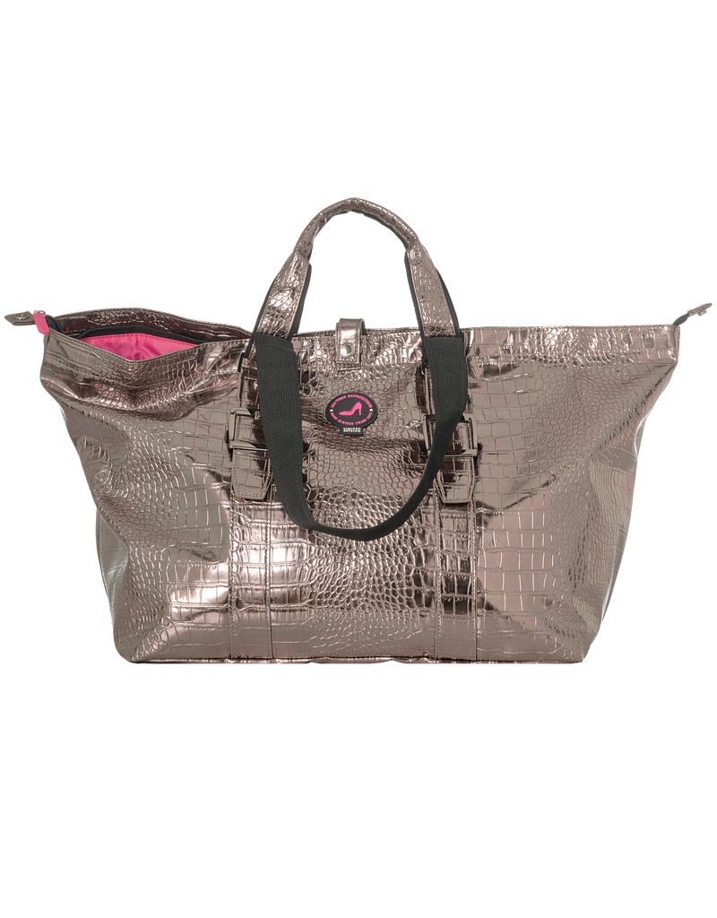 Metallic tote bag with a crocodile texture on a white background