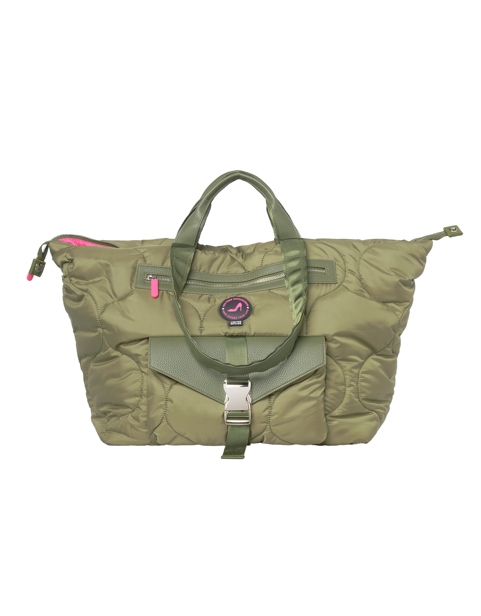 Green bag with a visible brand logo and a kangaroo pocket with buckle without background