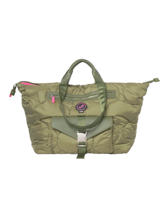 Green bag with a visible brand logo and a kangaroo pocket with buckle without background