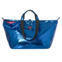 Kleine shopper met rits, PU metallic blauw en zwarte hengsels