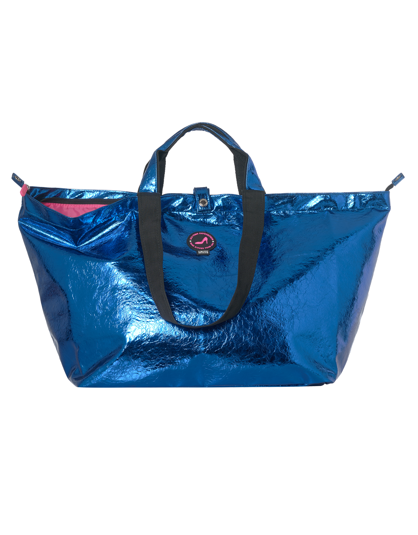 Kleine shopper met rits, PU metallic blauw en zwarte hengsels