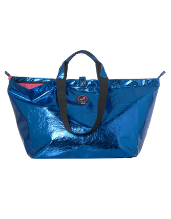Kleine shopper met rits, PU metallic blauw en zwarte hengsels