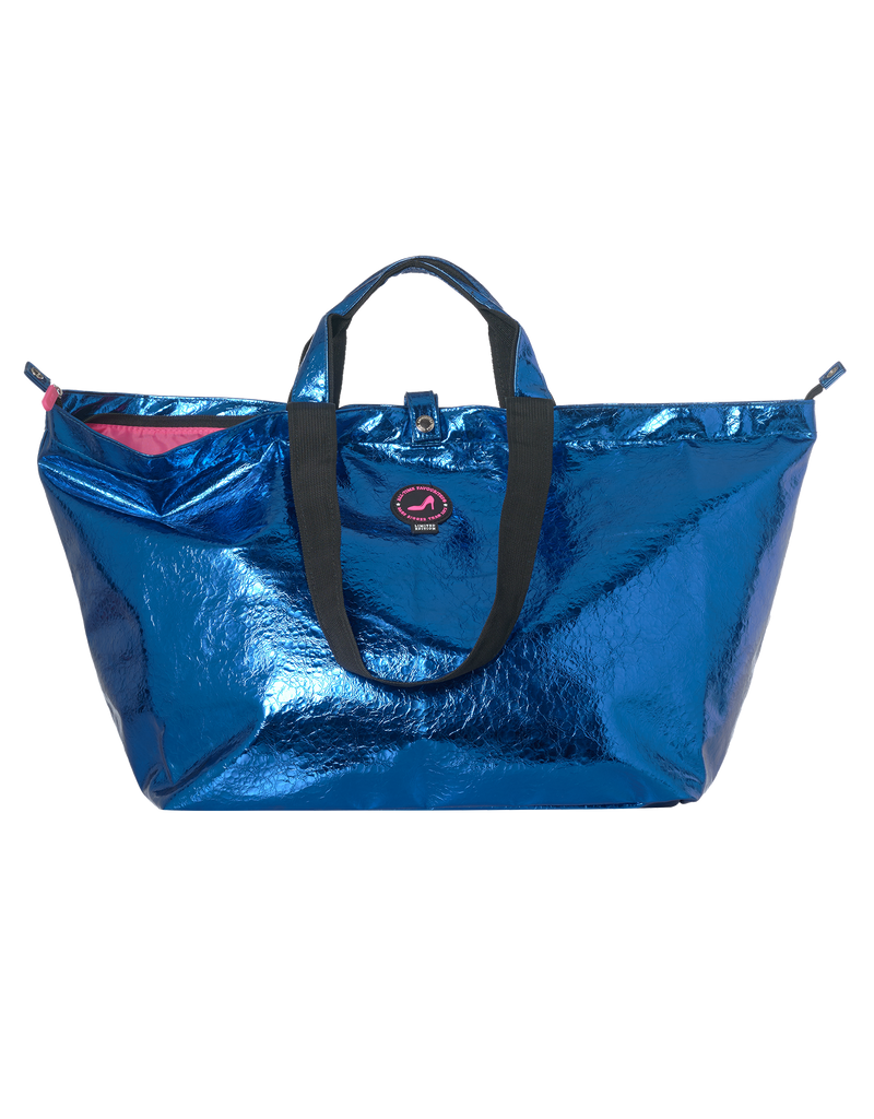 Kleine shopper met rits, PU metallic blauw en zwarte hengsels