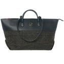 Black tote bag with zipper in black vegan leather and black raffia with gold thread