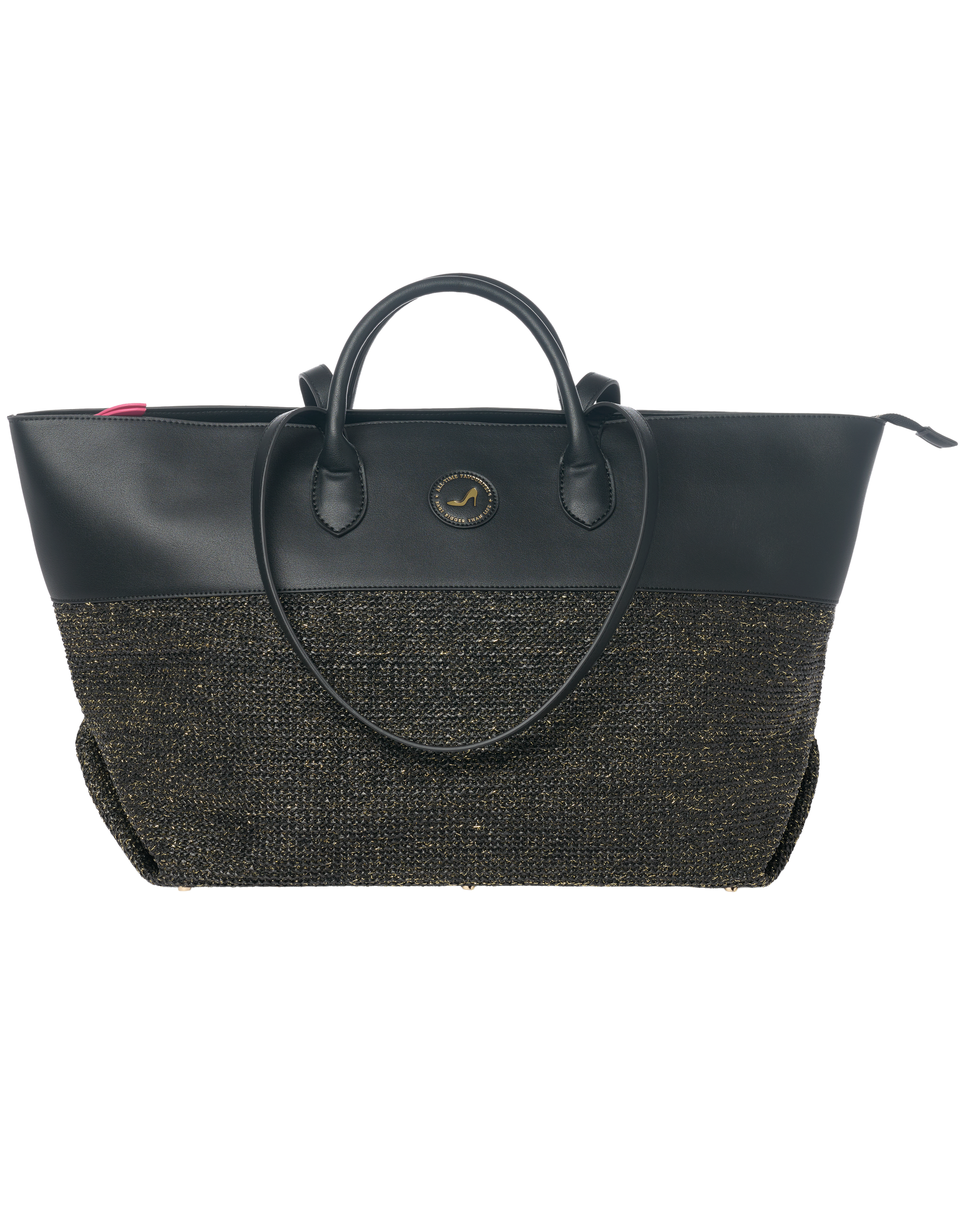 Black tote bag with zipper in black vegan leather and black raffia with gold thread