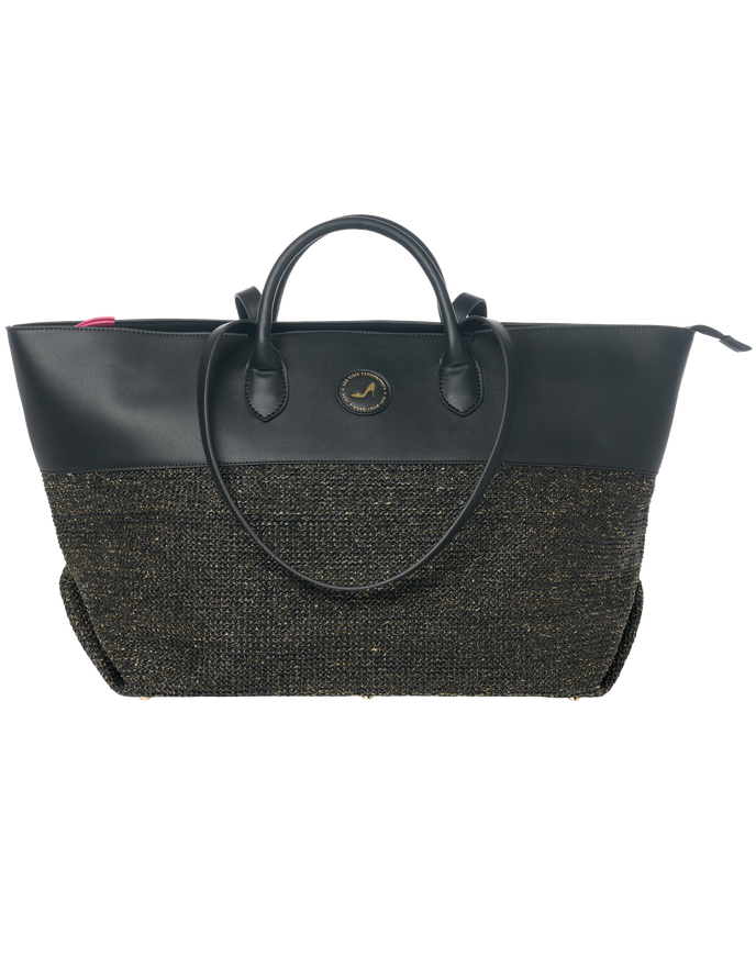 Black and gold SOPHIA Medium Tote, vegan leather and woven fabric, dual handles, zip top closure.