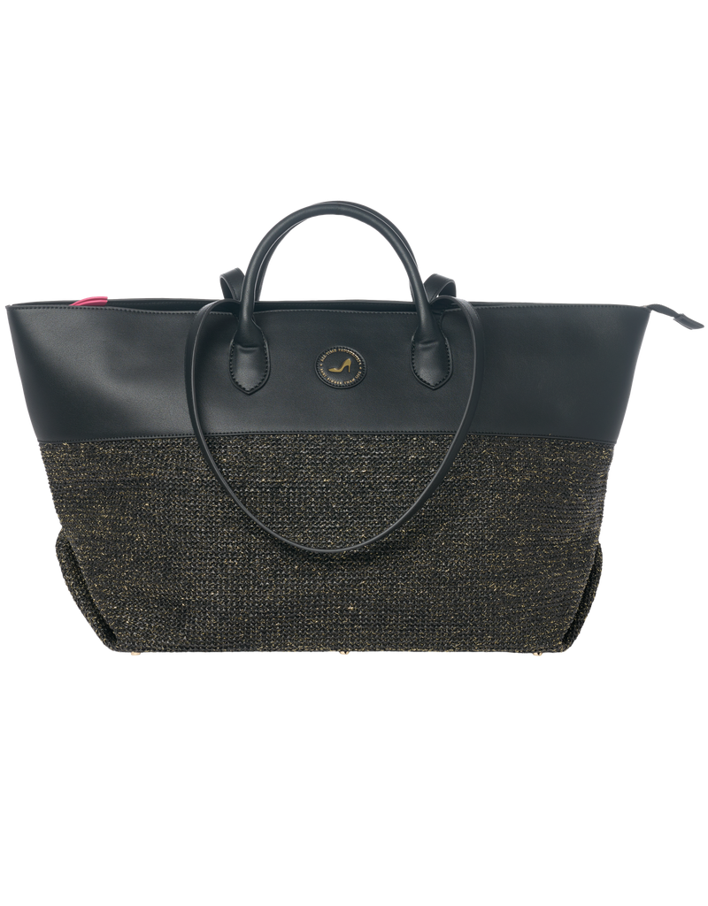 Black tote bag with zipper in black vegan leather and black raffia with gold thread
