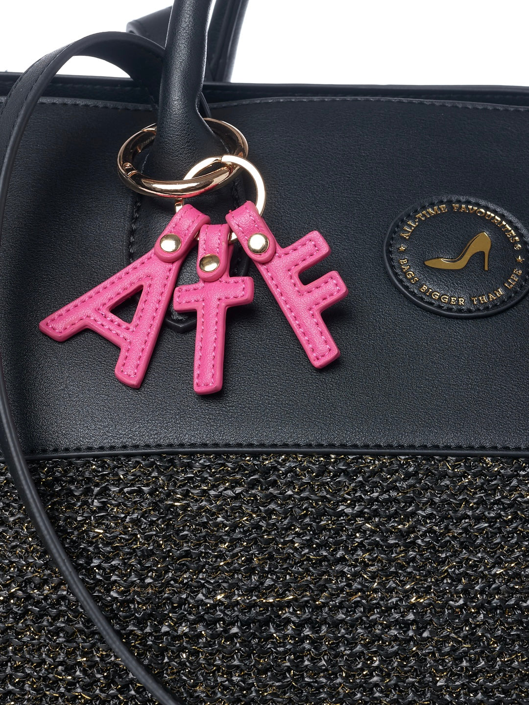 Black tote bag in vegan leather and black raffia with gold thread and pink ATF keychain detail