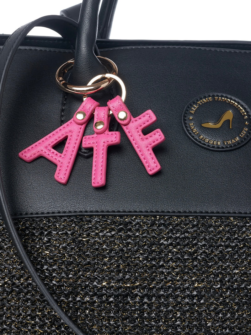 Black tote bag in vegan leather and black raffia with gold thread and pink ATF keychain detail
