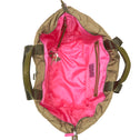 Green duffel bag with pink interior on a white background