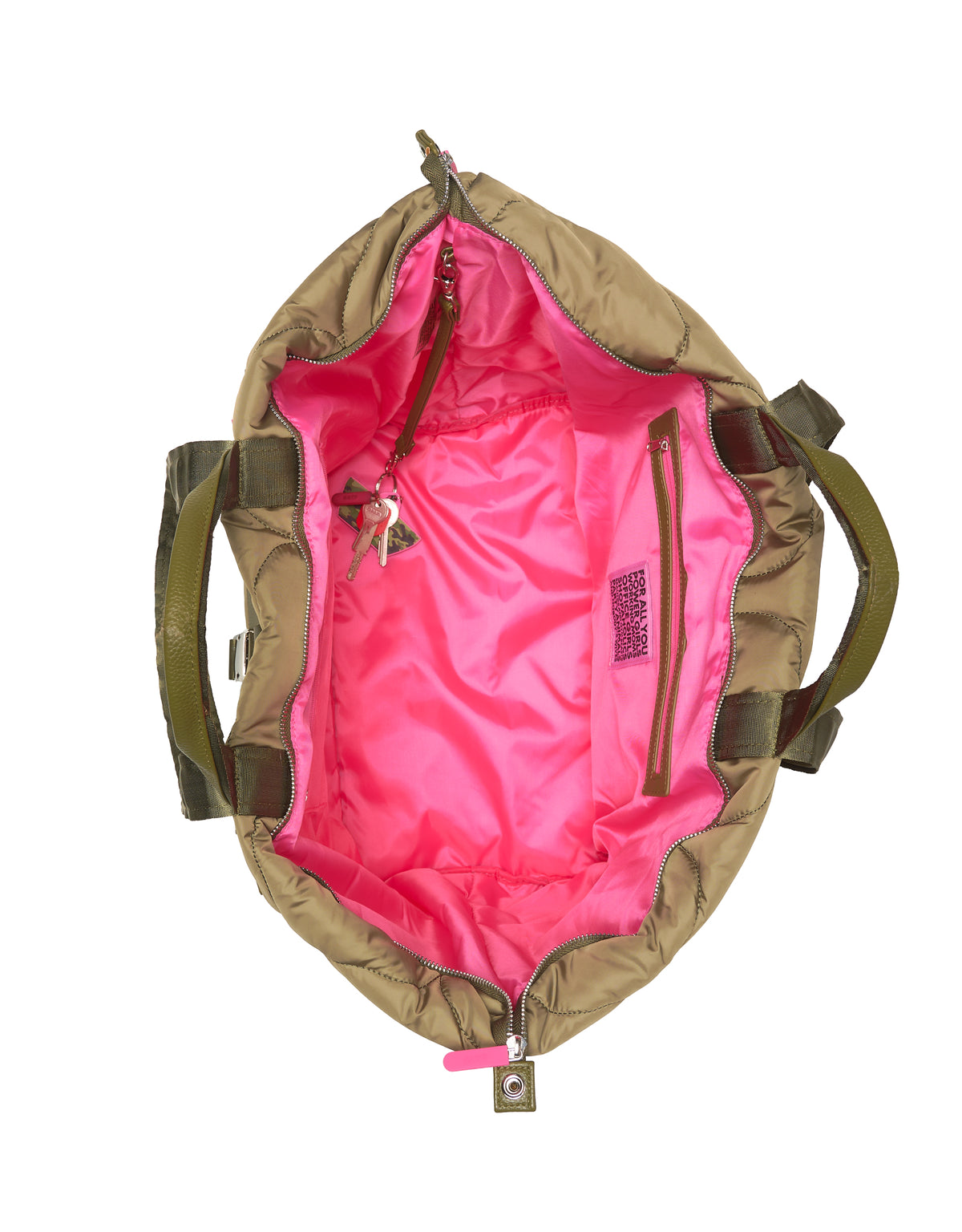 Khaki puffy tote bag with green handles and pink lining, nylon material, top view.