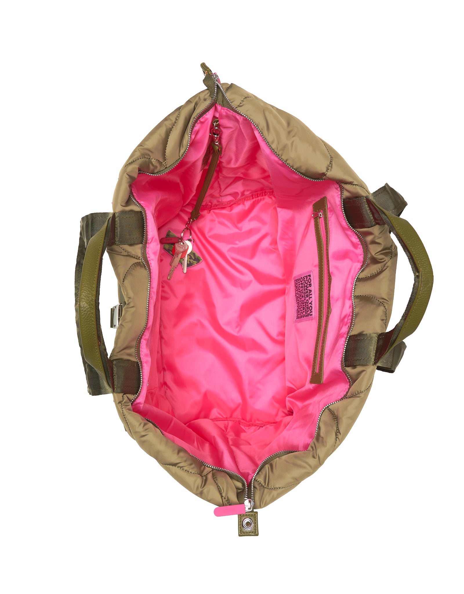 Green duffel bag with pink interior on a white background