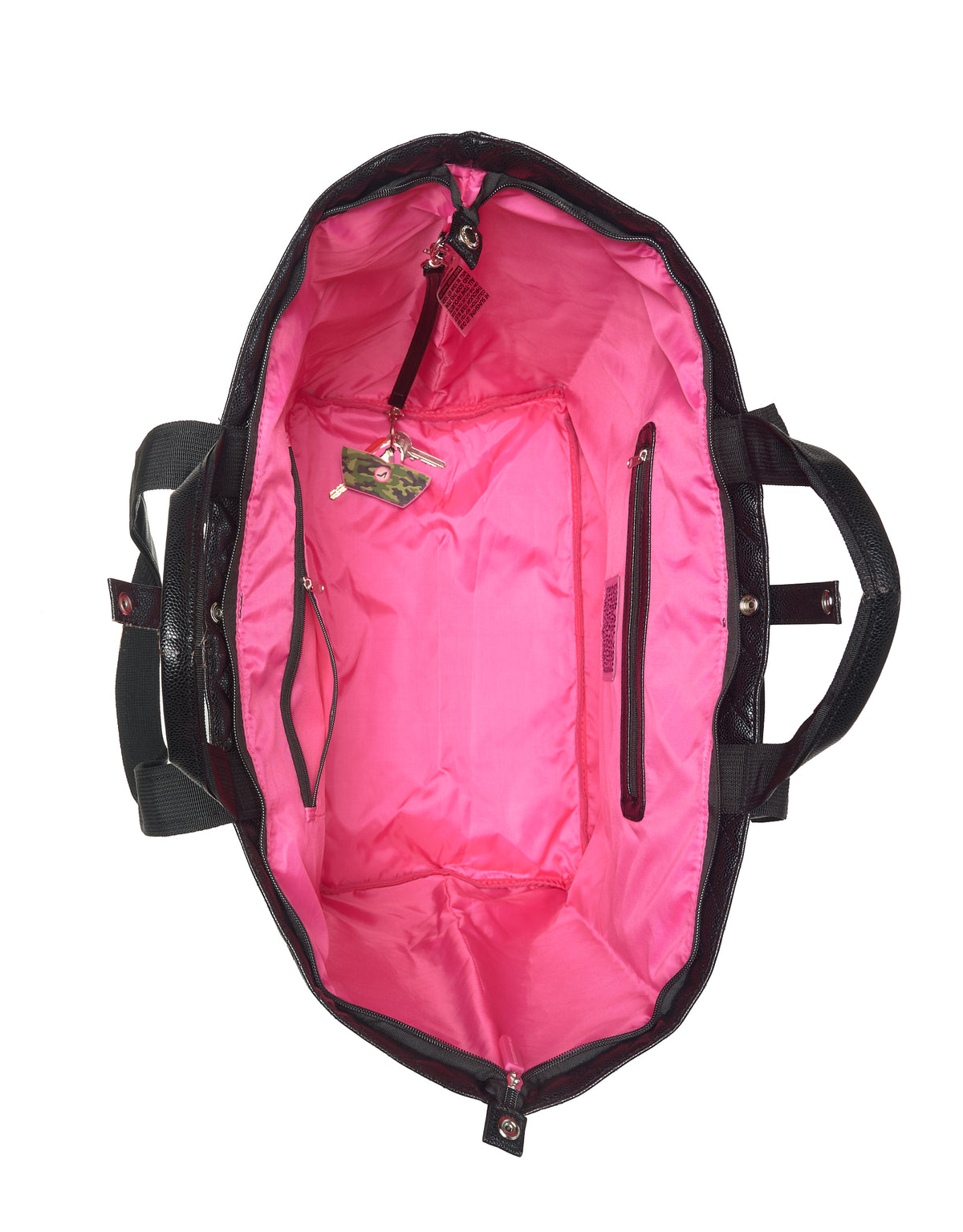Medium black caviar tote bag with pink lining, zipper pocket, and black side handles by KATE.