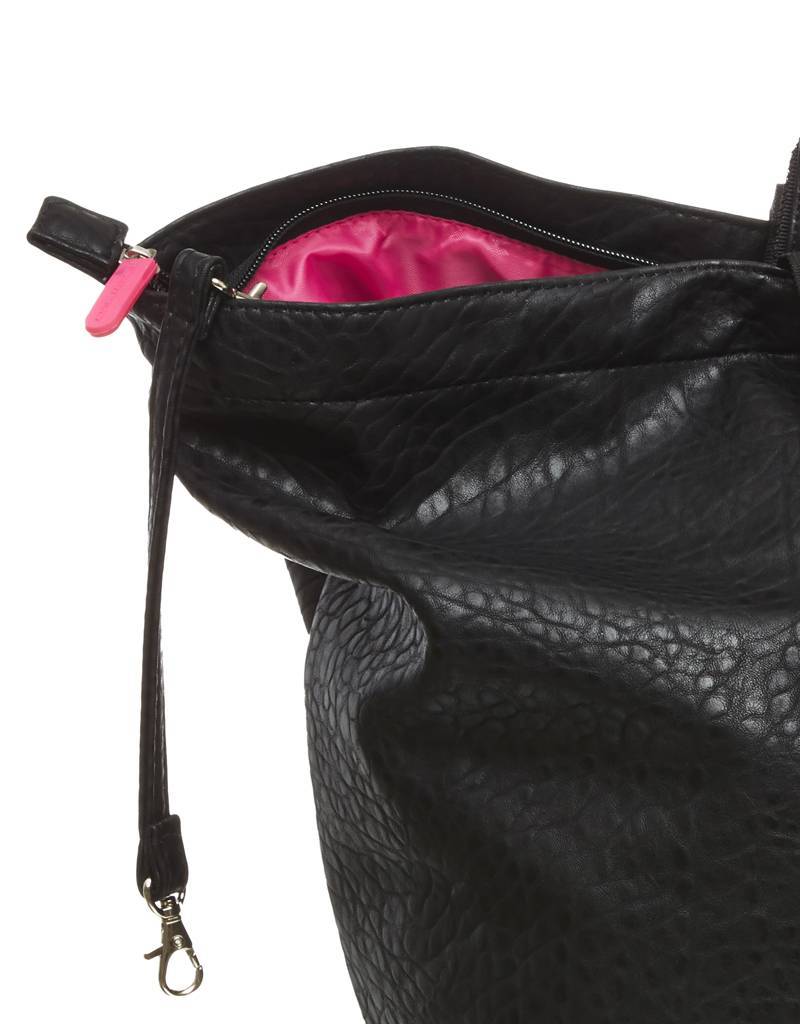 Small black croc print tote bag with pink zipper pull and bright pink interior lining.