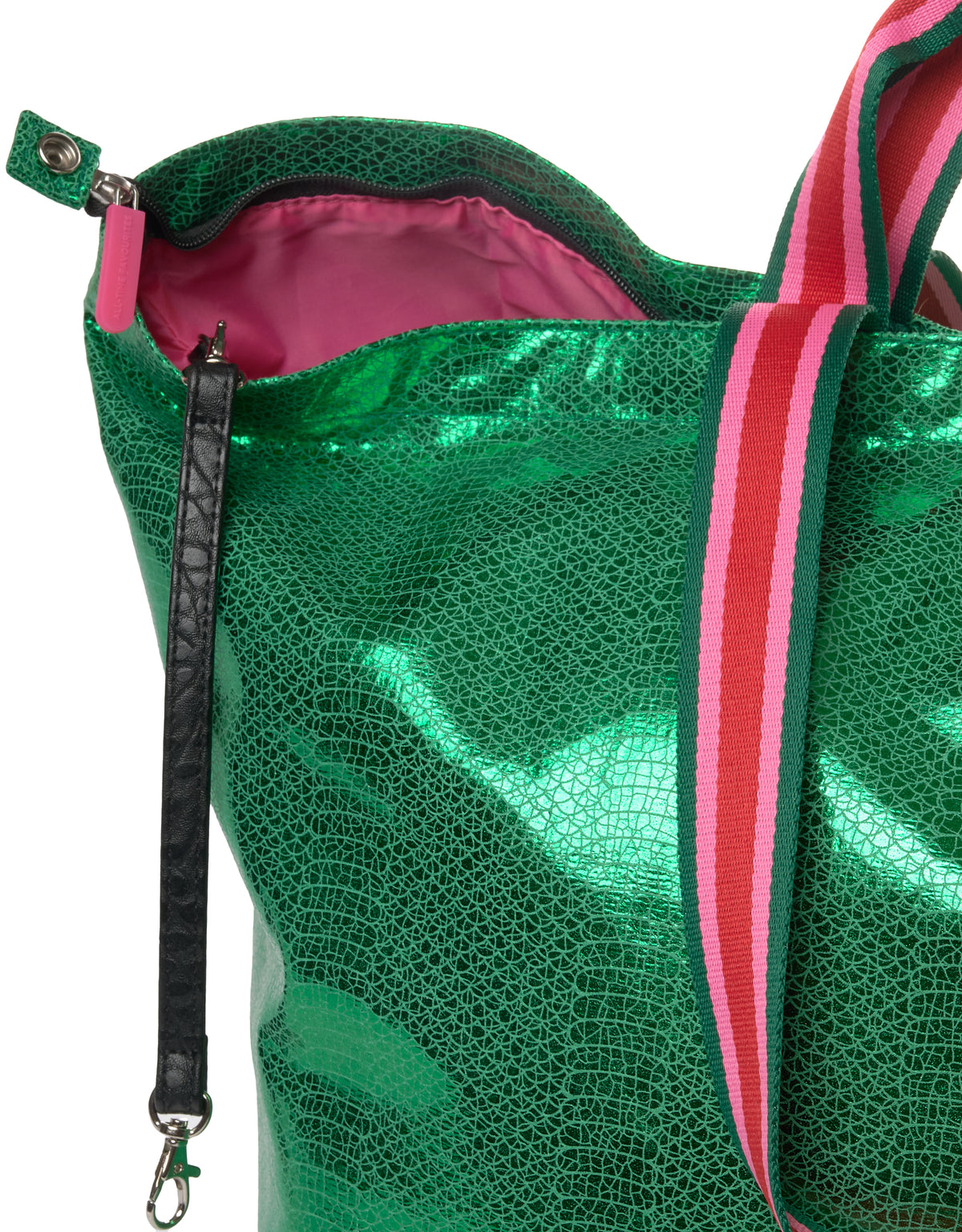 Medium metallic green tote bag with pink lining, detachable striped and black straps, VENEZIA collection.