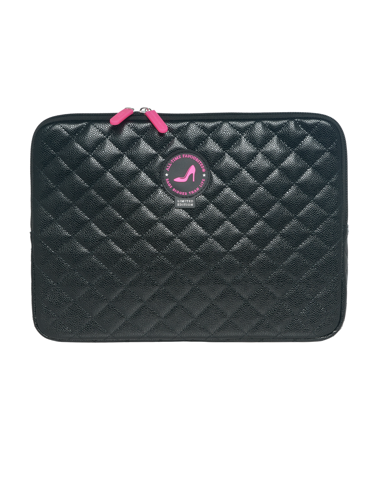 Black Caviar KATE Laptoptasche 14/16 Zoll mit rosa Reißverschlusszügen und rundem rosa High-Heel-Logo.