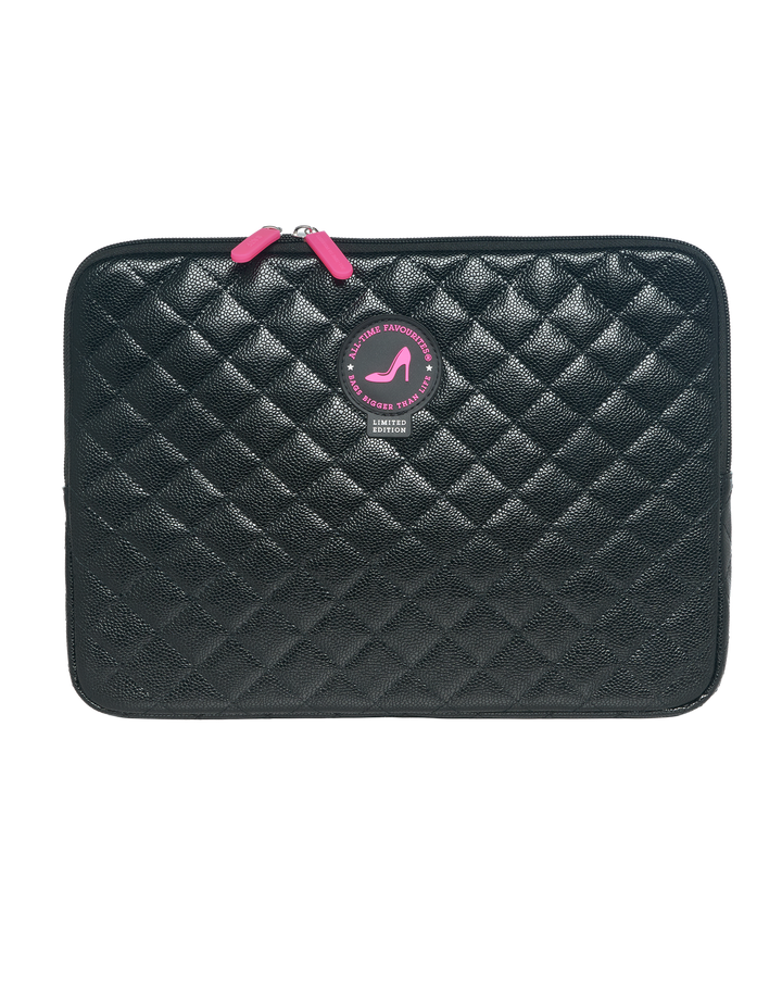 Black Caviar KATE laptop sleeve 14/16 inch with pink zipper pulls and round pink high heel logo.
