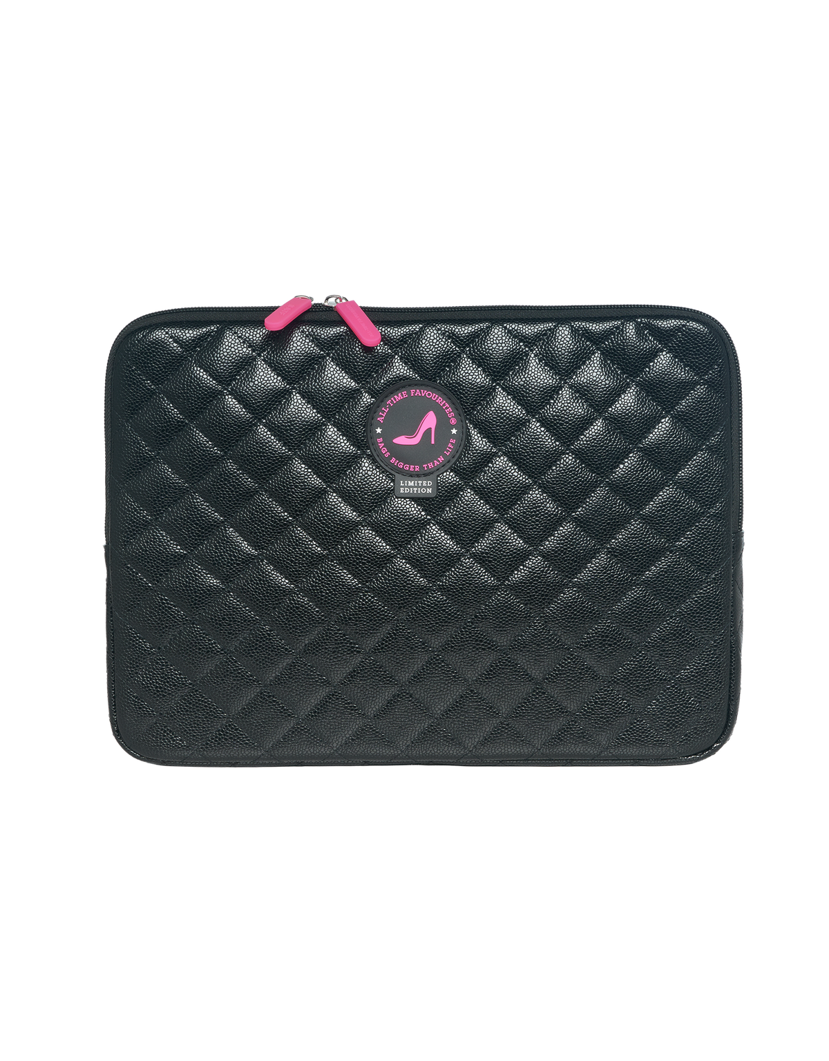 Gewatteerde zwarte laptophoes met caviar-motief voor een 13/14″ MacBook, hoogwaardig materiaal, past bij de KATE-collectie.