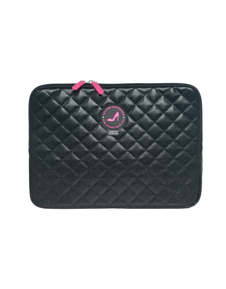 Quilted black caviar laptop sleeve for 13/14″ MacBook, premium material, fits KATE collection.
