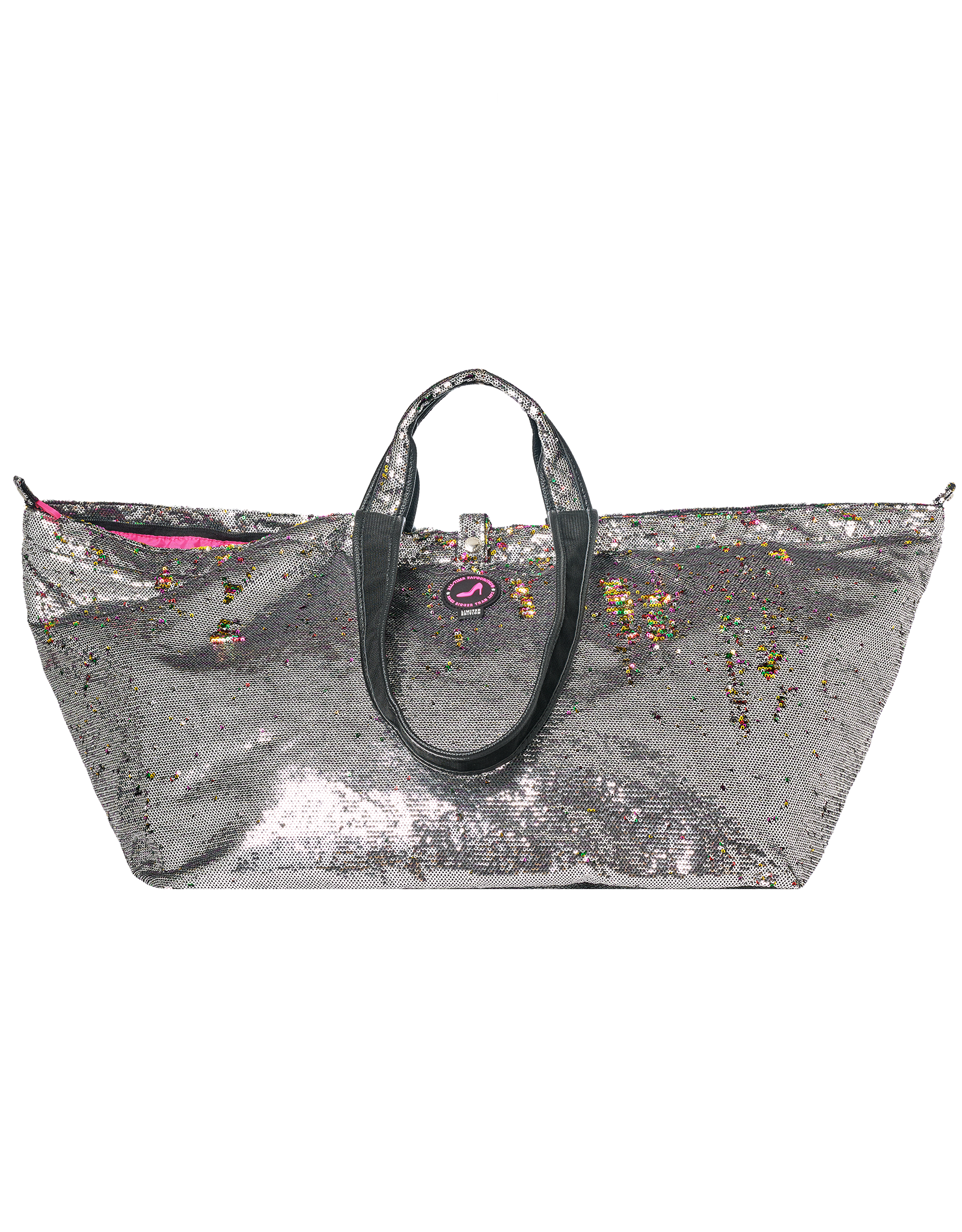 Grote shopper met rits, pailletten grijs met regenboogkleuren