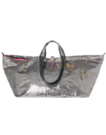 Grote shopper met rits, pailletten grijs met regenboogkleuren