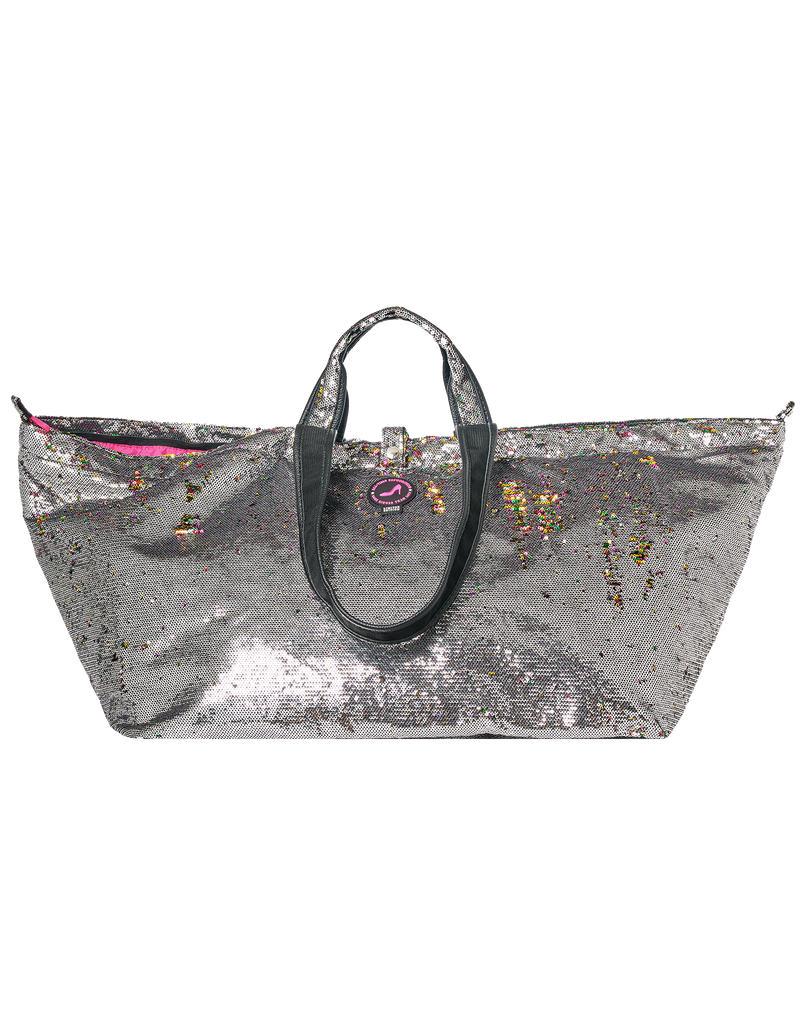 Grote shopper met rits, pailletten grijs met regenboogkleuren