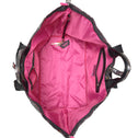 Binnenkant grote shopper met rits, roze voering en binnenvak, pailletten grijs met regenboogkleuren