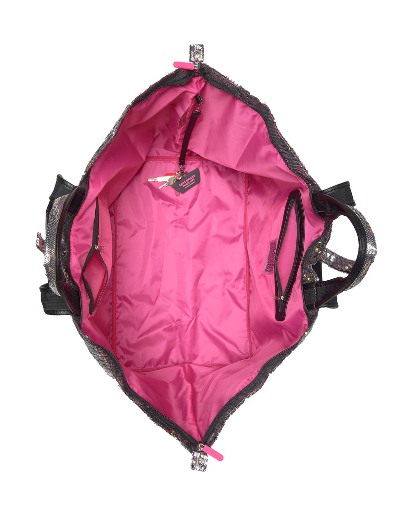Binnenkant grote shopper met rits, roze voering en binnenvak, pailletten grijs met regenboogkleuren