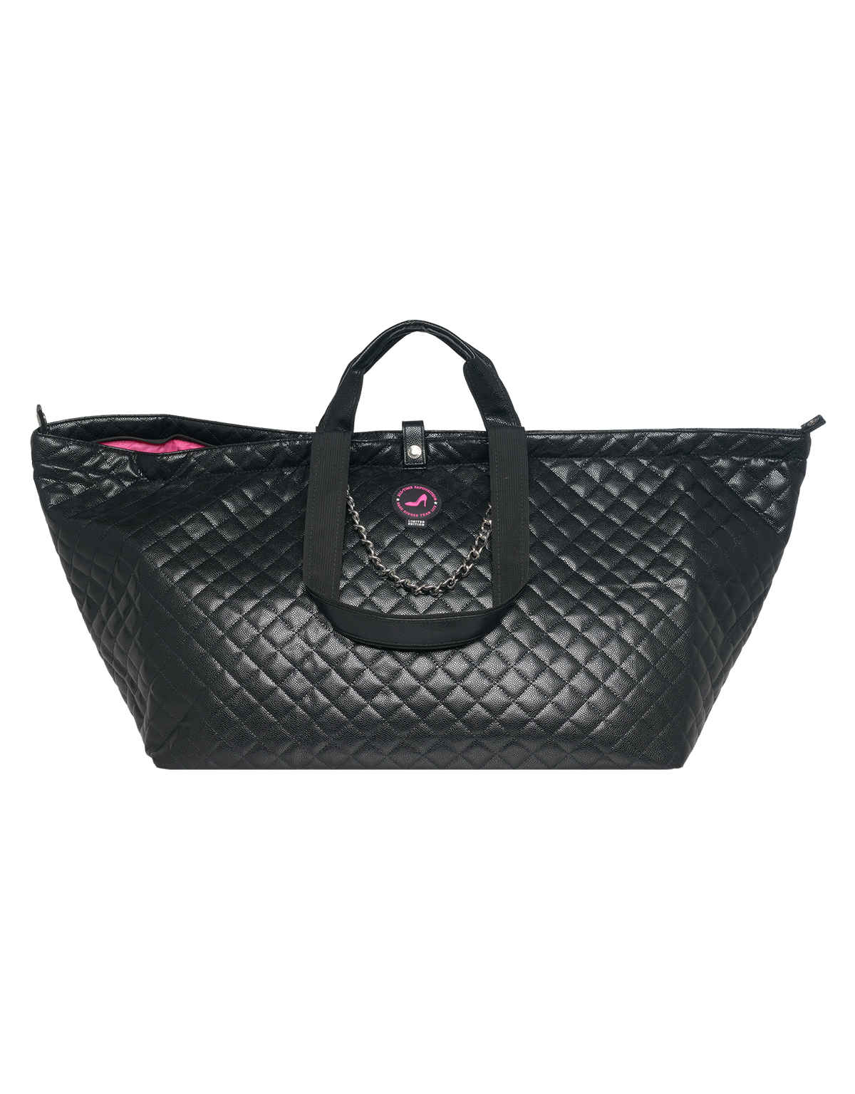 Große Tragetasche aus schwarzem Caviar-Leder mit kurzen Henkeln, Kettenverzierung und rosa gefüttertem Innenraum.