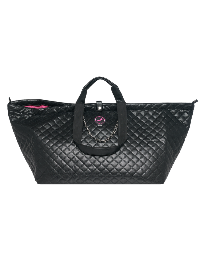 Black caviar leather large tote bag with short handles, chain detail, and pink-lined interior.