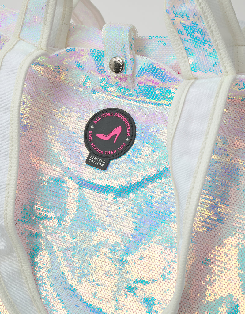 Detail of Dubai Large Tote Bag with ATF logo patch and press stud closure in white pearl sequins