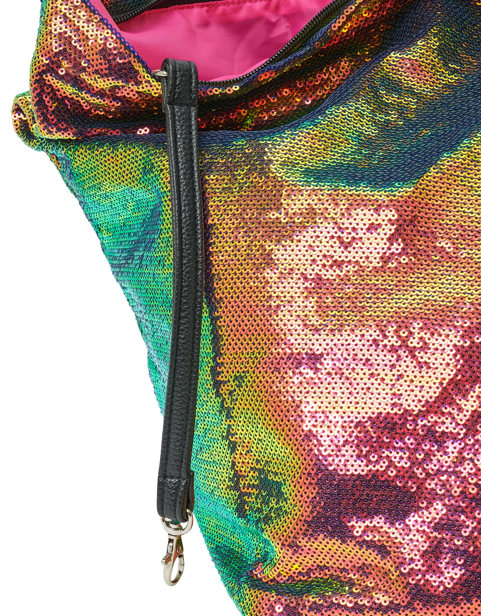 Close-up of a multicolored sequin bag with zipper and inner cord for attaching accessories on a white background