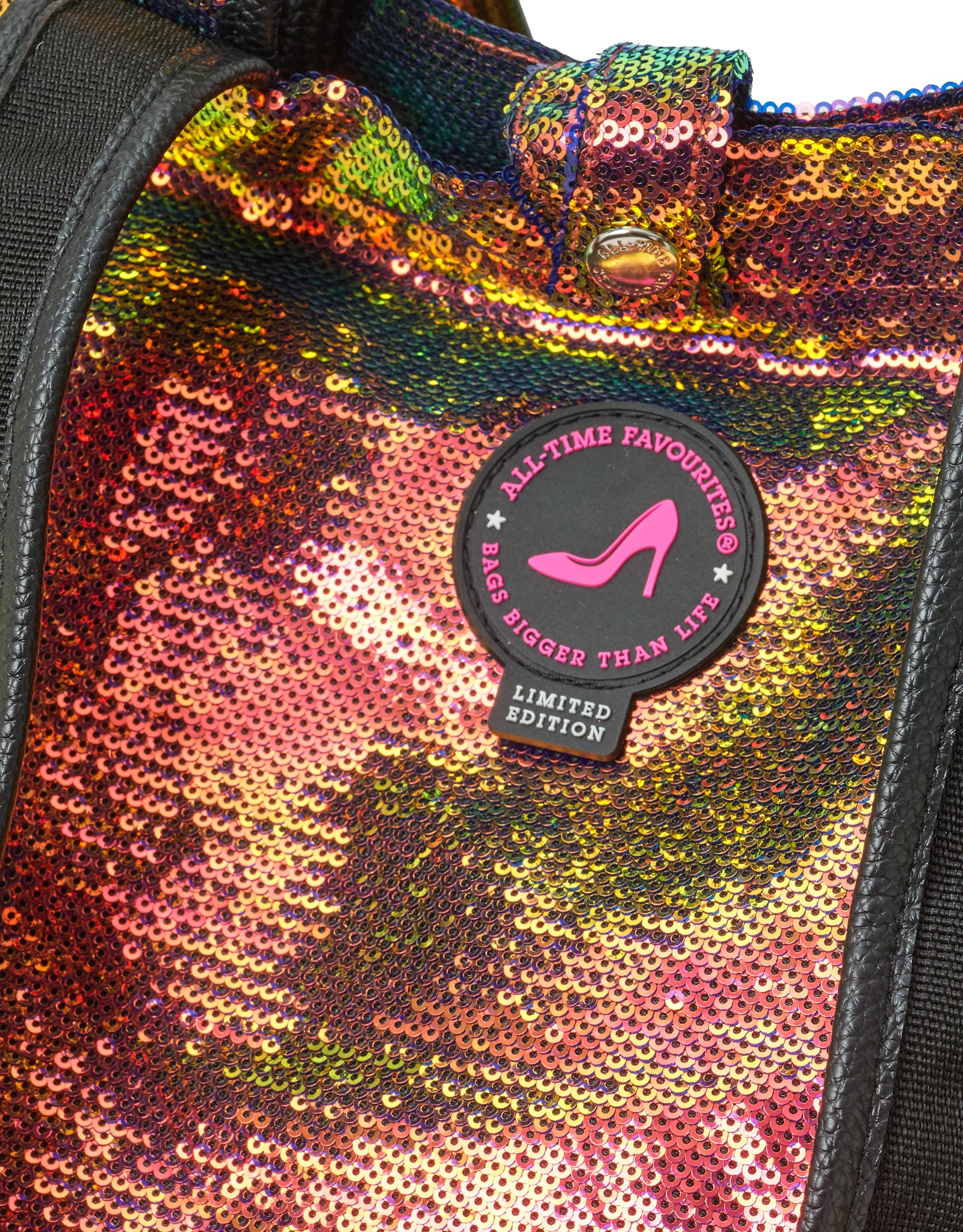 Multicolored sequin bag with a patch featuring a high-heeled shoe design
