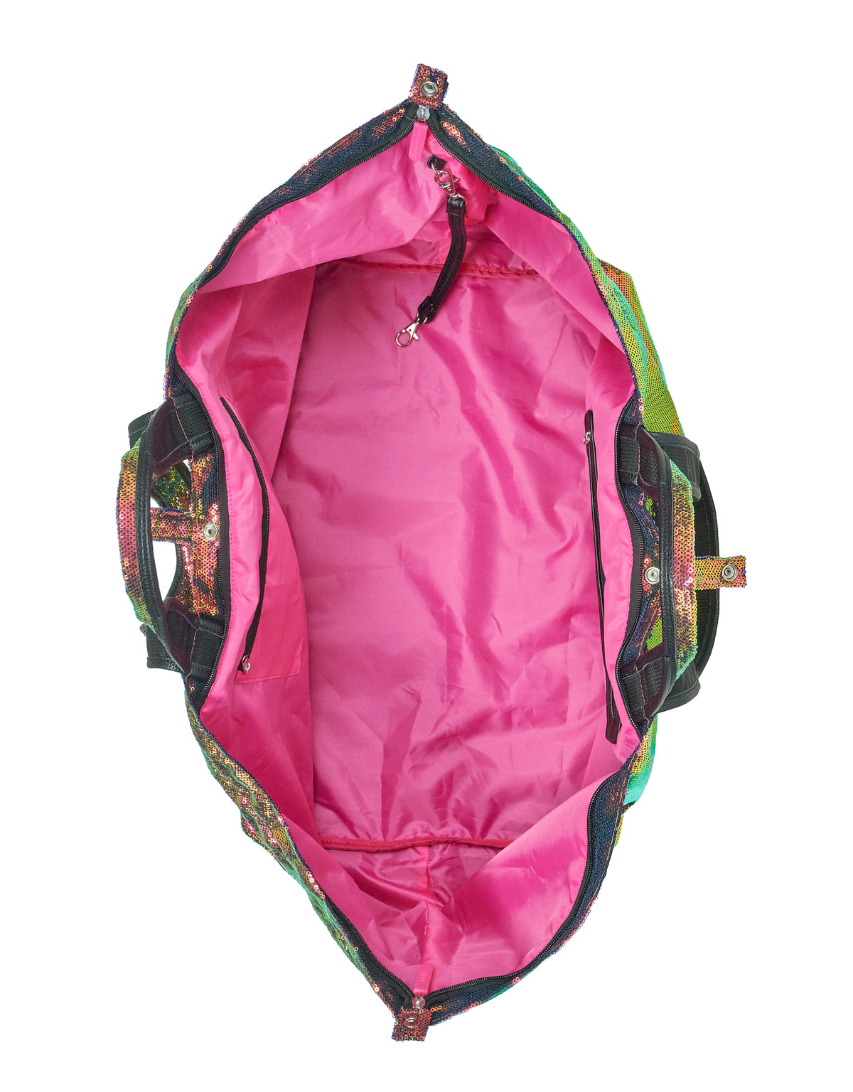 Grote, veelkleurige tas met pailletten, roze voering, zwarte hengsels en binnenvakken met ritssluiting, gezien van bovenaf.