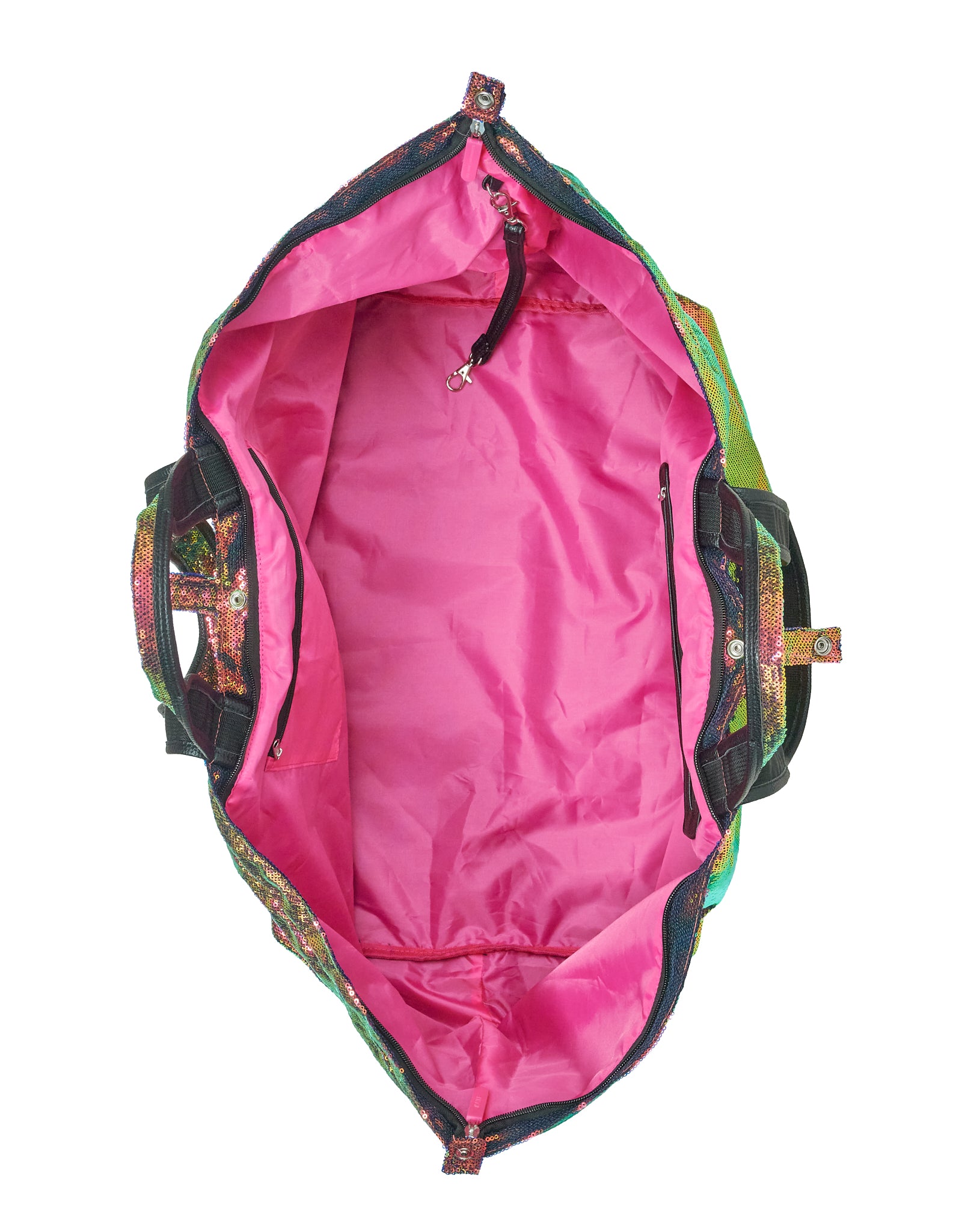 Multicolored bag with a pink interior on a white background